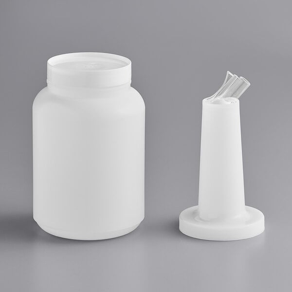 A white 2-quart pour bottle with a matching spout and cap, designed for dispensing liquids.