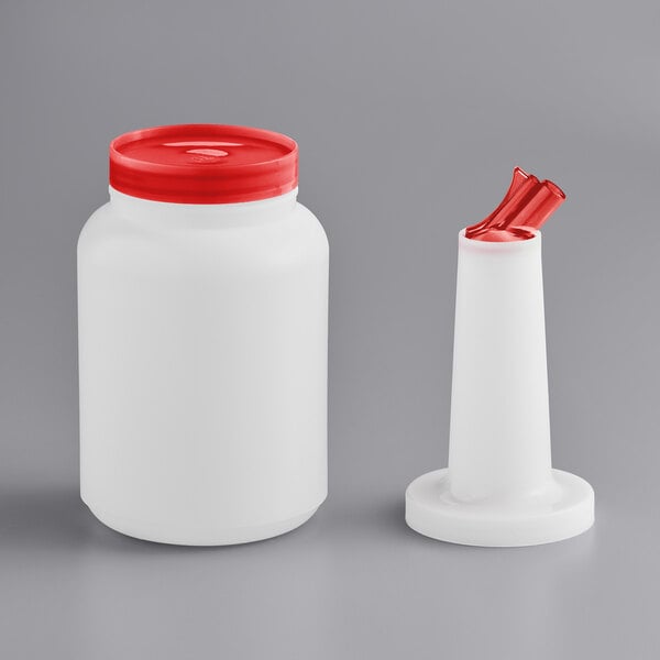 A white 2-quart pour bottle with a red spout and cap, shown with the spout and cap separated from the bottle.