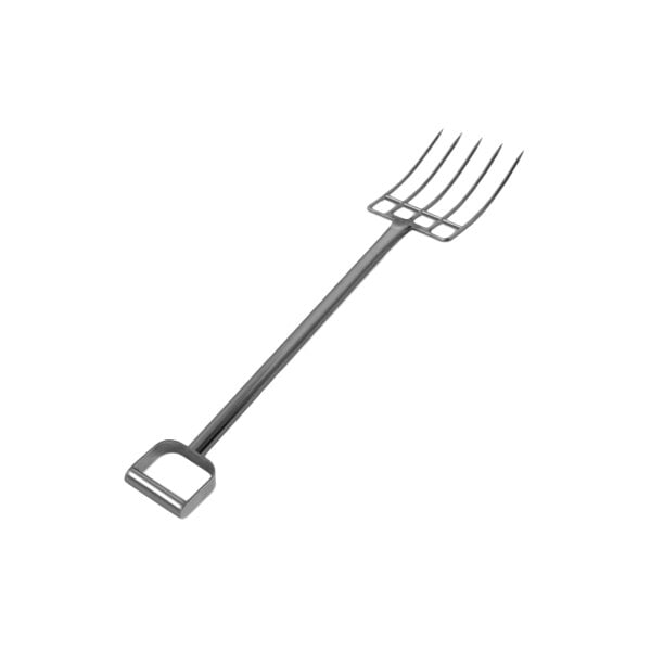 A heavy-duty reinforced stainless steel hygiene fork with a 44-inch handle, 12 x 8.5-inch fork tip, and five tines.