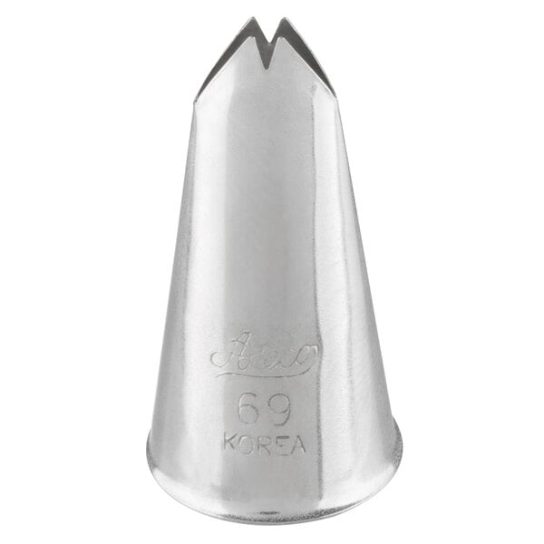 A metal leaf piping tip used for cake and pastry decorating.