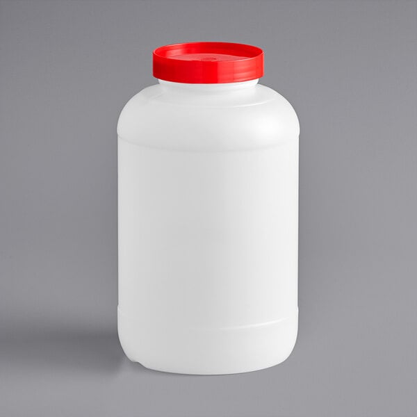 A white 1-gallon plastic container with a red screw-on cap.