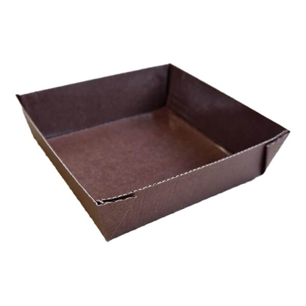 A square brown paper baking mold with raised sides.