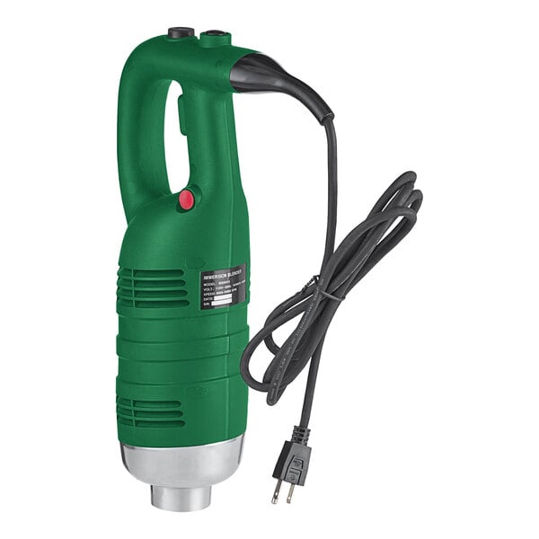 A green and black heavy-duty variable speed immersion blender with a 10-inch whisk attachment and a power cord.