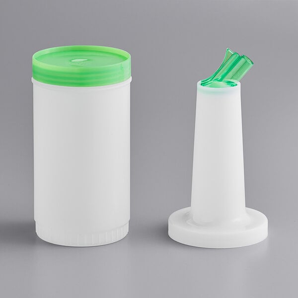 A white 1-quart pour bottle with a green spout and cap, shown with the cap on and off.