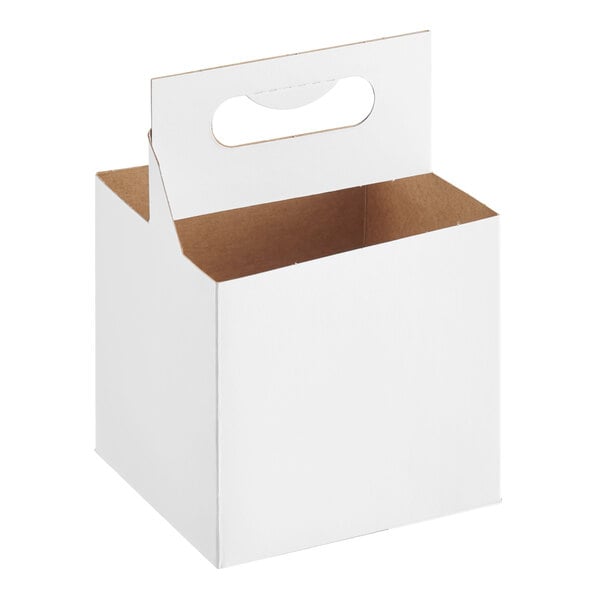 A white cardboard beverage carrier with a handle, designed to hold four 16 oz. bottles.