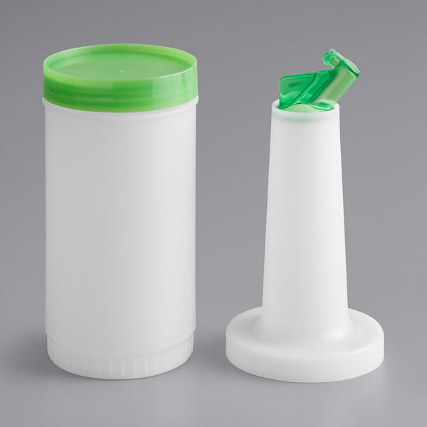 A white 1-quart pour bottle with a green flip top and matching green cap.