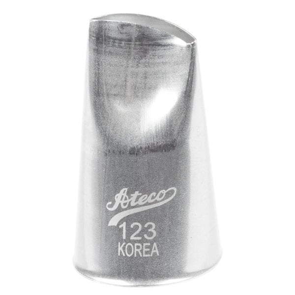 A metal Ateco curved petal piping tip with the number 123 engraved on it.