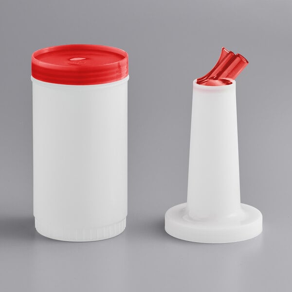 A white 1-quart pour bottle with a red spout and cap, shown with the cap on and off.