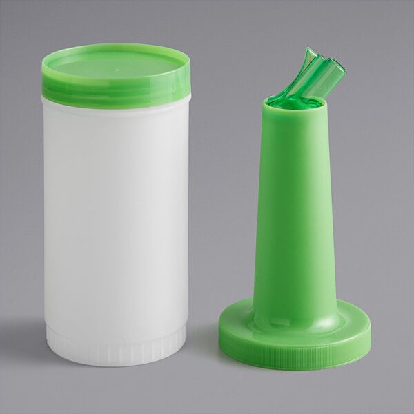 A one quart plastic pour bottle with a green neck and cap, shown with the cap on and off.