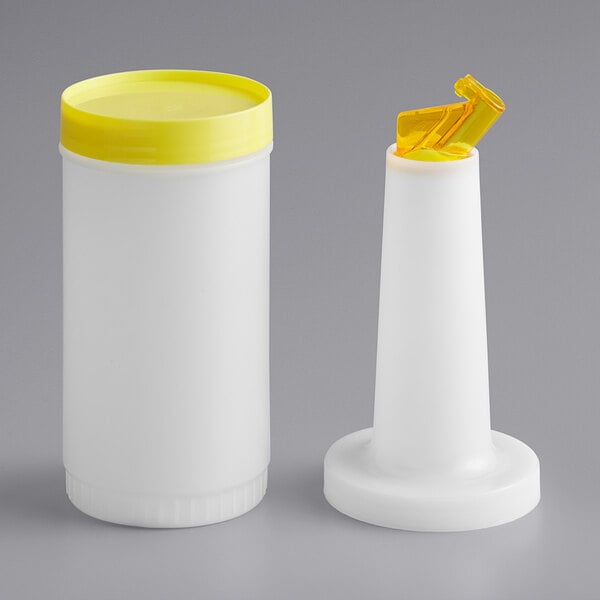 A white 1-quart pour bottle with a yellow flip top and matching yellow cap.