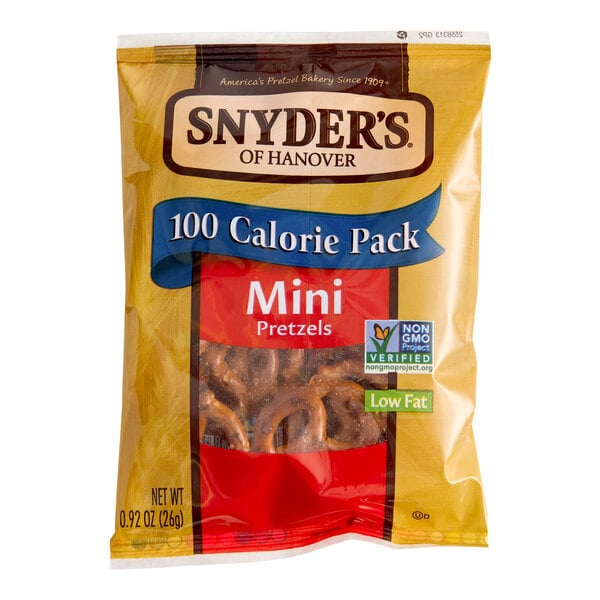 A 0.92 oz bag of Snyder's of Hanover Mini Pretzels labeled as a 100 calorie pack.