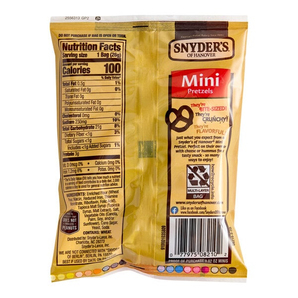 A bag of Snyder's of Hanover Mini Pretzels weighing 0.92 ounces.