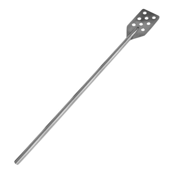 A long, heavy-duty stainless steel perforated paddle with a rectangular head and multiple holes.