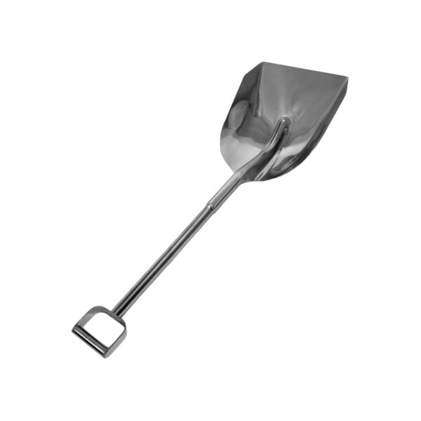 A heavy-duty stainless steel food service shovel with a wide blade and a D-shaped handle.