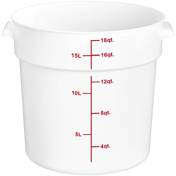 A white round polypropylene food storage container with red measurement markings up to 18 quarts and 15 liters.