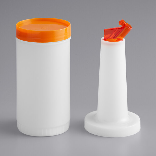 A white 1-quart pour bottle with an orange flip top and matching cap.
