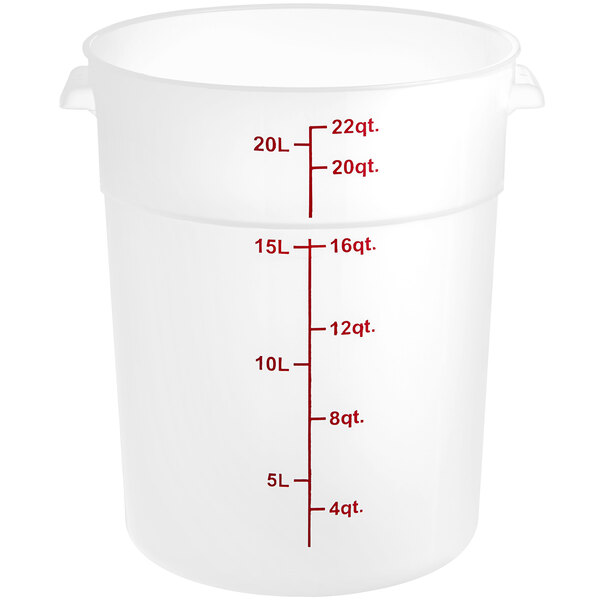 A large translucent round polypropylene food storage container with red measurement markings up to 22 quarts or 20 liters.