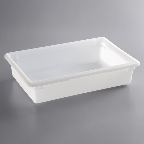 A white polyethylene food storage box measuring 26 inches by 18 inches by 6 inches.