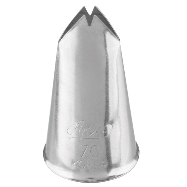 A metal leaf piping tip used for cake and pastry decorating.