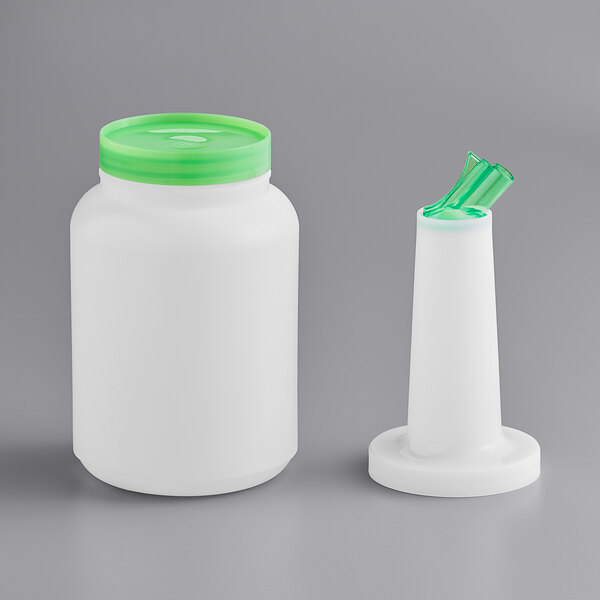 A white 2-quart pour bottle with a green spout and cap, shown with the cap and spout separated.