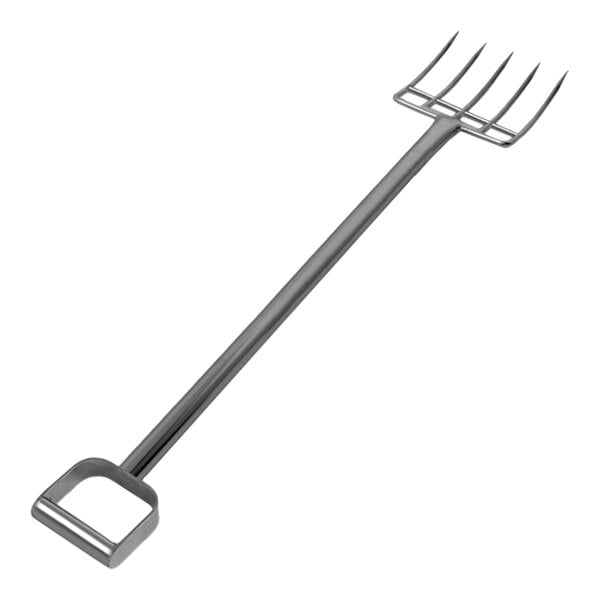A heavy-duty reinforced stainless steel hygiene fork with a 44-inch handle, 8 1/4-inch by 8 1/4-inch fork tip, and five tines.