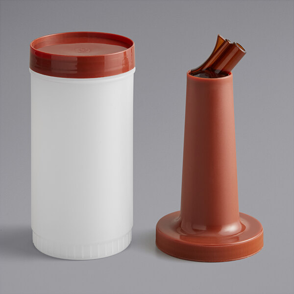 A one-quart plastic pour bottle with a brown neck and cap, shown with the cap on and off.