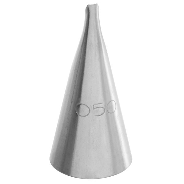 A metal ruffle piping tip with the number 050 engraved on it.