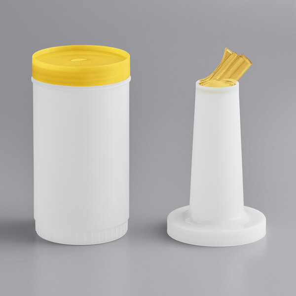 A white 1-quart pour bottle with a yellow spout and cap, shown with the cap on and off.