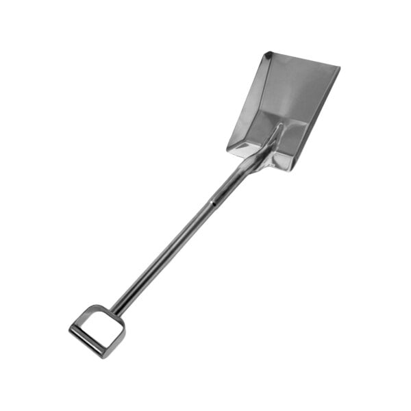 A heavy-duty stainless steel food service shovel with a rectangular blade and a D-shaped handle.