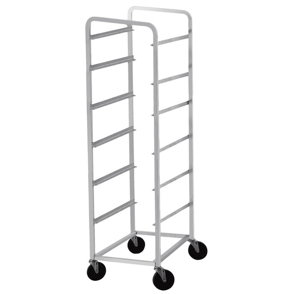 An Advance Tabco heavy-duty metal mobile lug rack with black wheels.