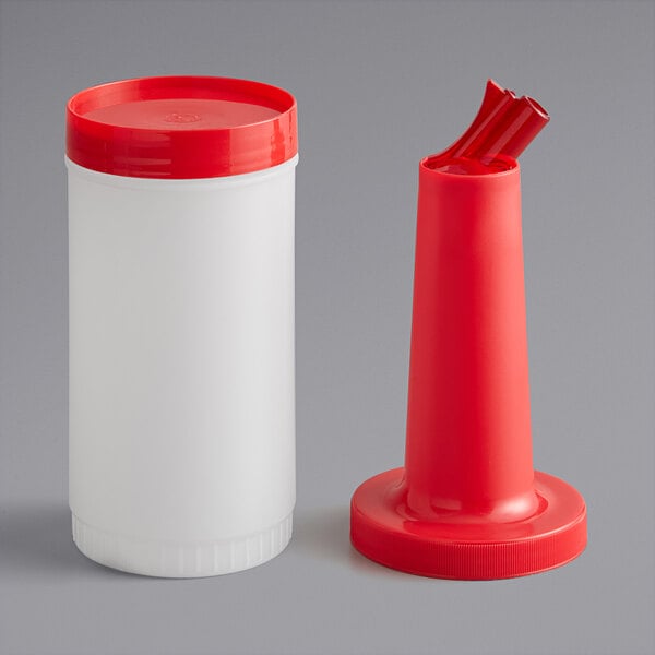 A one quart plastic pour bottle with a red neck and cap, shown disassembled.