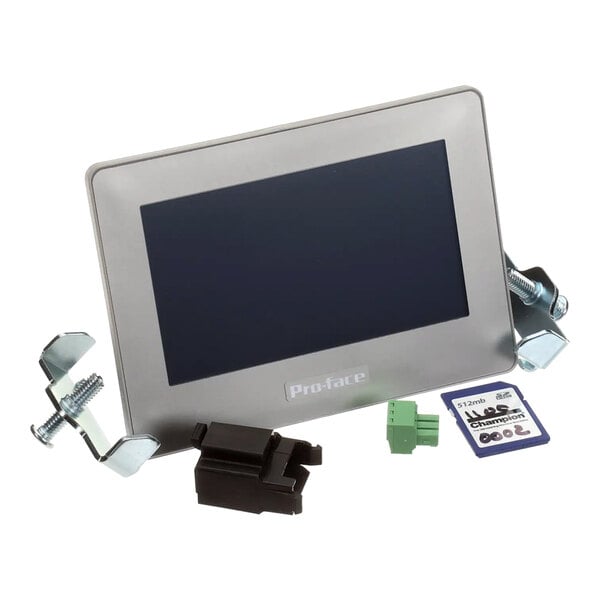 A Pro-face branded HMI touchscreen panel with mounting hardware, connectors, and a memory card.