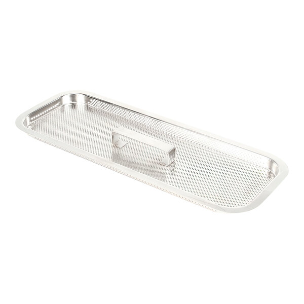 A rectangular metal mesh screen with a handle in the center, used as a scrap assembly part.