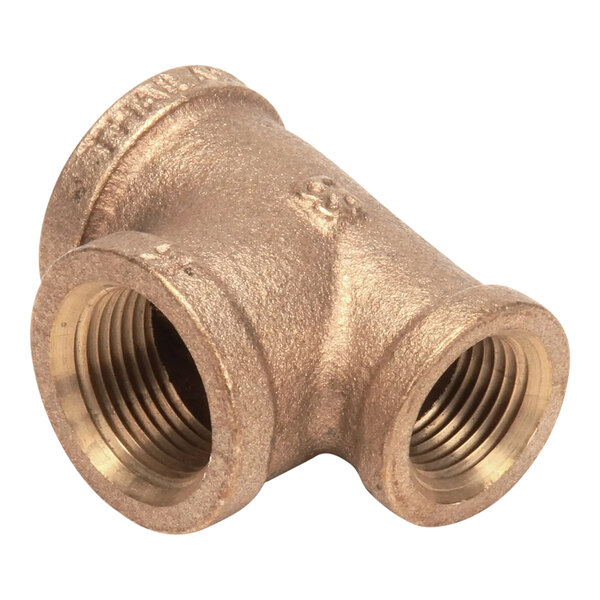 A brass tee pipe fitting with three threaded openings, sized 3/4 inch by 1/2 inch by 3/4 inch.