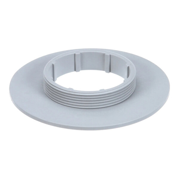 A gray plastic pump suction flange with a threaded inner ring and a wide flat outer rim.