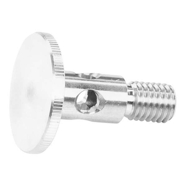 A metal spindle component with a flat circular head and threaded end, used for a rinse arm in a machine.