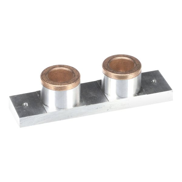 A metal bearing assembly with two cylindrical bushings mounted on a rectangular base, designed for use in XLT Ovens split belt systems.