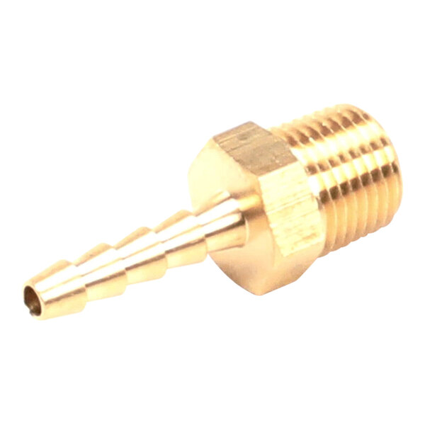 A brass adapter with a 1/8 inch hose barb on one end and a 1/8 inch male NPT thread on the other.