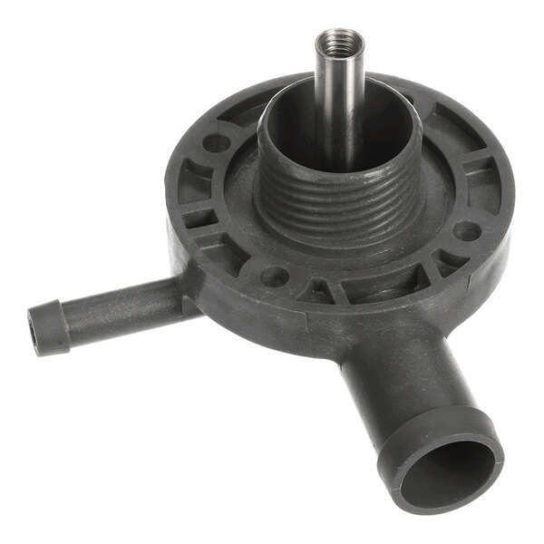 A black plastic and metal upper wash arm hub for a commercial dishwasher.