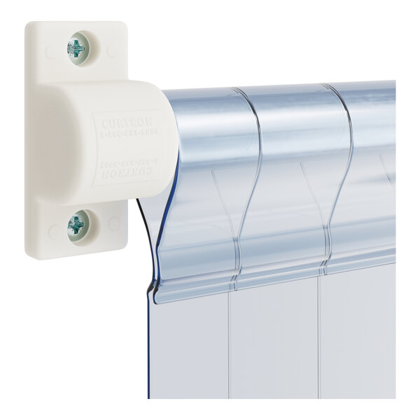 A white plastic strip door curtain with holes for mounting.