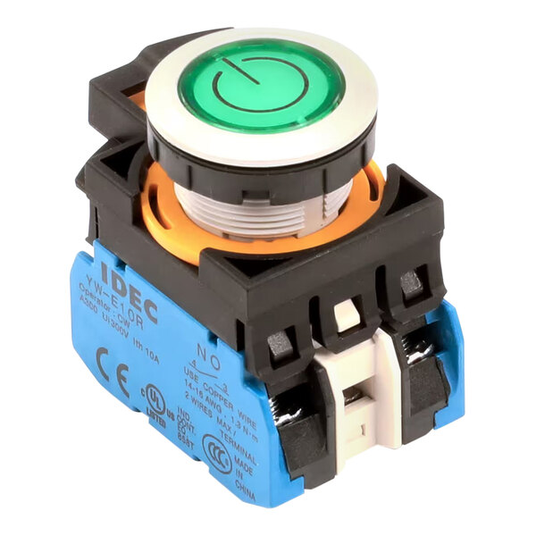 A green 22mm push button switch with an engraved power symbol, manufactured by IDEC.