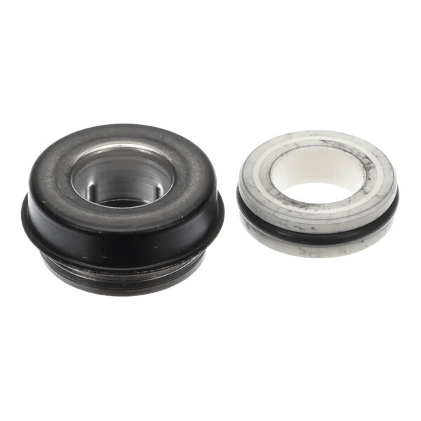 A mechanical seal assembly for a pump, consisting of two circular components made of metal and Viton material.