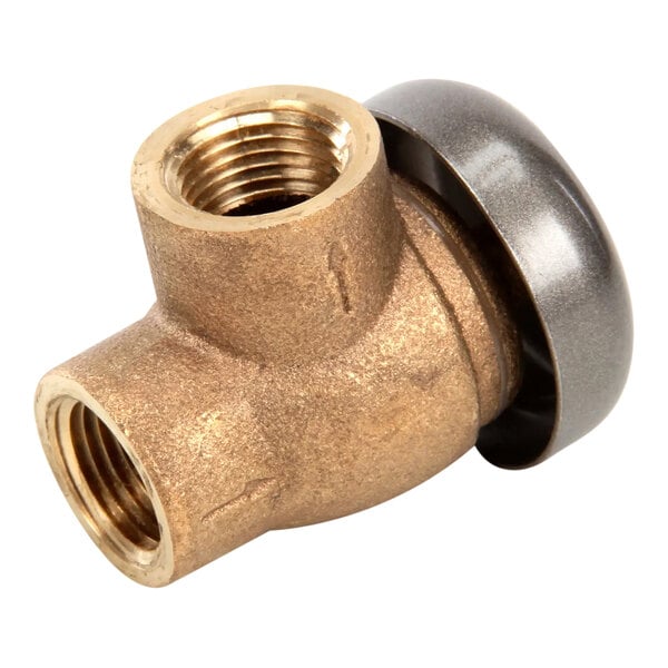 A brass vacuum breaker fitting with threaded openings and a metallic cap.