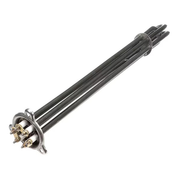 A metal immersion heater element with three rods and electrical terminals, designed for use in water heating applications.