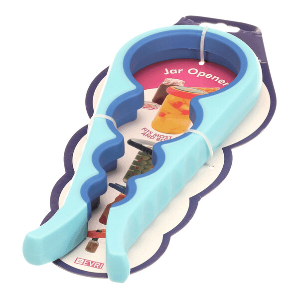 A blue plastic jar opener tool designed to help open jar lids of various sizes.