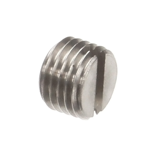 A metal headless endcap with a slotted drive and 7/16-20 threading.