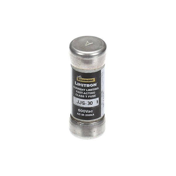 A cylindrical 30-amp, 600-volt fast-acting fuse labeled 'Bussmann Limitron JJS-30' with metal end caps.
