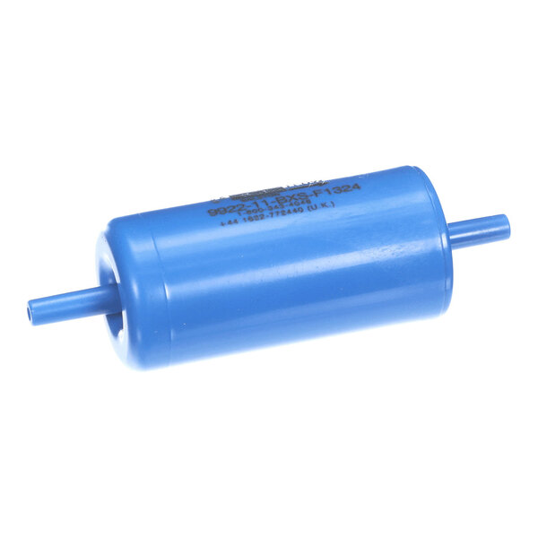 A blue cylindrical air filter with a .01 micron rating and two nozzle connectors, designed for use with Bunn equipment.