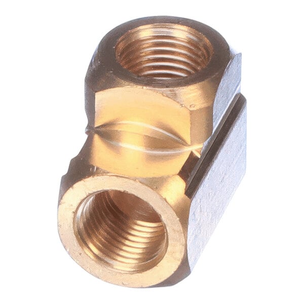 An elbow-shaped brass pipe fitting with 1/8 inch NPT female threads on both ends.