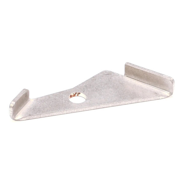 A metal bracket with a central hole and upturned ends, likely used as a mounting or securing component.